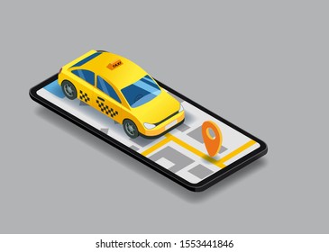 Taxi service isometric. Smartphone with city map route and points location yellow car. Taxi app on display. Online mobile application order taxi service. Vector illustration for taxi service