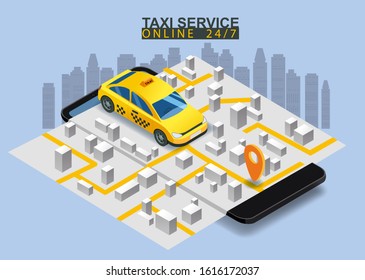Taxi service isometric. Smartphone with city map route and points location yellow car. Taxi app on display. Online mobile application order taxi service. Vector illustration for taxi service