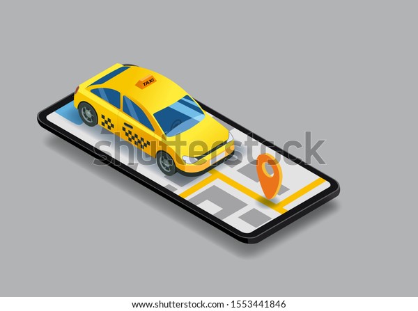 Taxi service isometric. Smartphone with city map\
route and points location yellow car. Taxi app on display. Online\
mobile application order taxi service. Vector illustration for taxi\
service