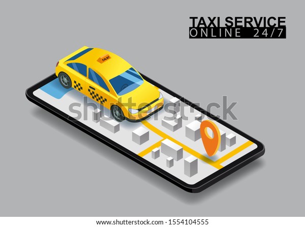 Taxi service isometric. Smartphone with city\
map route and points location yellow car. Online mobile application\
order taxi service. Vector illustration for taxi service\
advertisement, promotion