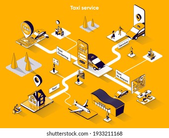 Taxi service isometric web banner. Passenger transportation or city transfer flat isometry concept. Mobile app for online taxi ordering 3d scene design. Vector illustration with tiny people characters
