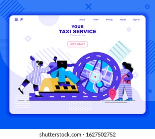 Taxi service landing page vector template. Urban transport call website header UI layout with flat illustration. Fast trip on car, journey destination web banner flat concept