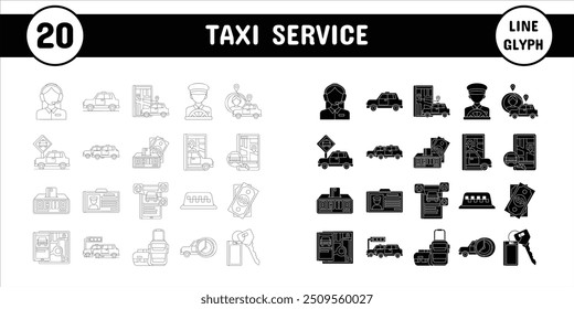 Línea de servicio de taxi Glyph Ilustración vectorial Icon Set de pegatinas Materiales de diseño 