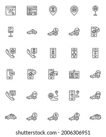 Taxi service line icons set. linear style symbols collection, outline signs pack. Taxi ordering vector graphics. Set includes icons as online booking, driver customer review, payment service, vip