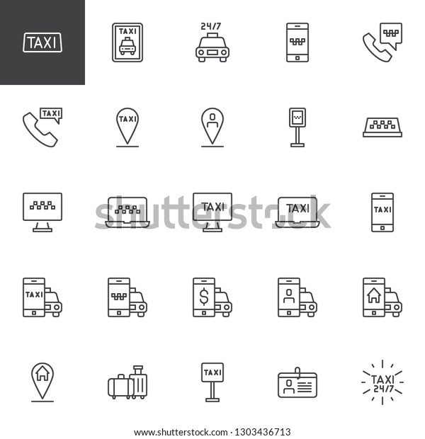 Taxi service line icons set. linear style\
symbols collection, outline signs pack. vector graphics. Set\
includes icons as Taxi cab, Mobile taxi ordering, Driver license,\
Online car booking,\
Navigation