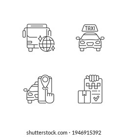 Taxi service linear icons set. Easy movement around the city. Convenient transportation. Taxi tracker.Customizable thin line contour symbols. Isolated vector outline illustrations. Editable stroke