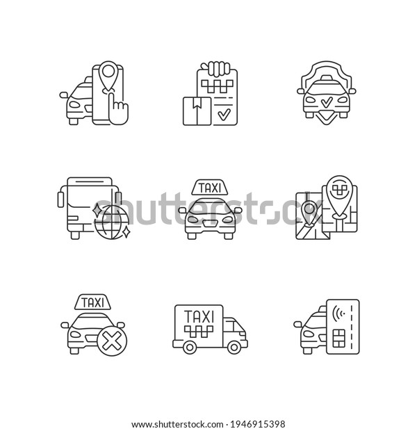 Taxi service linear icons set. Party bus. Easy\
navigation. Cargo taxi. Contactless payment. Customizable thin line\
contour symbols. Isolated vector outline illustrations. Editable\
stroke