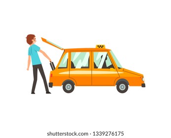 Taxi Service, Man Putting Luggage in Car Cartoon Vector Illustration