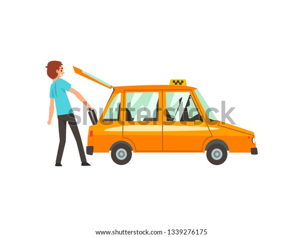 Taxi Service, Man Putting Luggage in Car\
Cartoon Vector\
Illustration