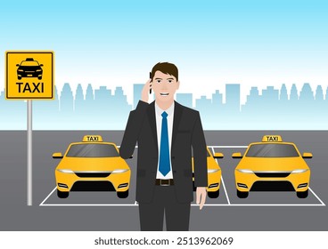 Taxi Service. Man Using Smartphone to Call Taxi. Vector Illustration.
