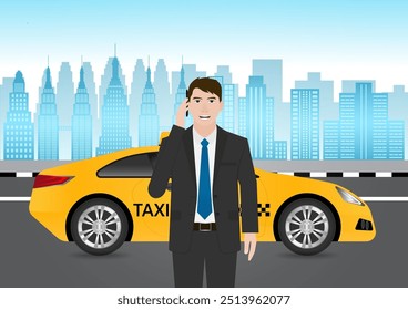 Taxi Service. Man Using Smartphone to Call Taxi. Vector Illustration.