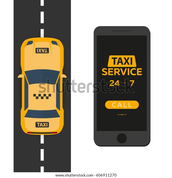 Taxi service. Mobile app for booking\
service. Taxi car. Vector flat\
illustration