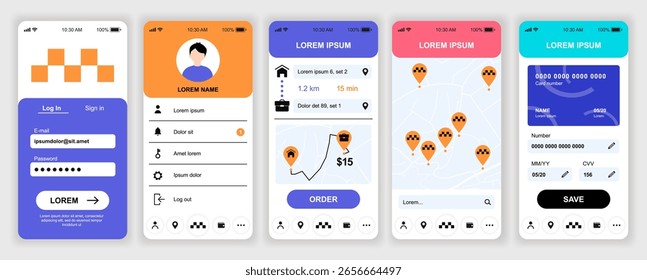 Táxi serviço móvel app interface modelos conjunto. Kit de design da Web com exibição de telefone, conta, rota de localização, carros de rastreamento on-line, pagamento. Pacote de telas de interface do usuário, UX e GUI para aplicativo. Design vetorial.