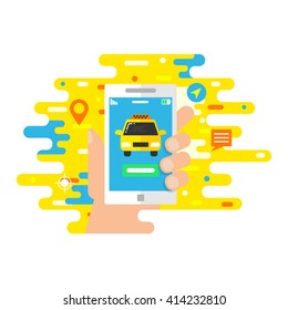 Taxi service, mobile app vector illustration of a hand holding smartphone