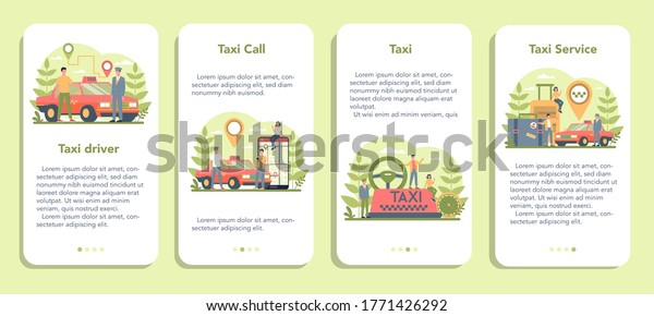 Taxi service mobile\
application banner set. Yellow taxi car. Automobile cab with driver\
inside. Idea of public city transportation. Isolated flat\
illustration