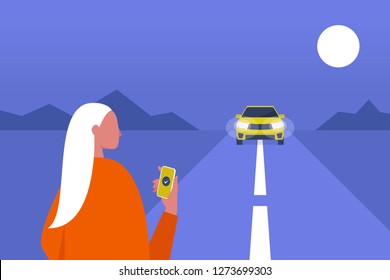 Taxi service. Mobile application. Carpool. Late night. Female passenger waiting for a car. Flat editable vector illustration, clip art