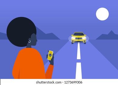 Taxi Service. Mobile Application. Carpool. Late Night. Black Female Passenger Waiting For A Car. Flat Editable Vector Illustration, Clip Art