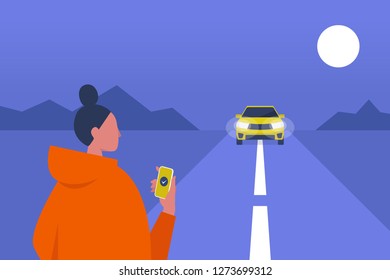 Taxi service. Mobile application. Carpool. Late night. Female passenger waiting for a car. Flat editable vector illustration, clip art