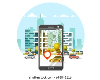 Taxi service mobile application. City skyscrapers building skyline with car on smart phone. Navigate application. Flat vector illustration.