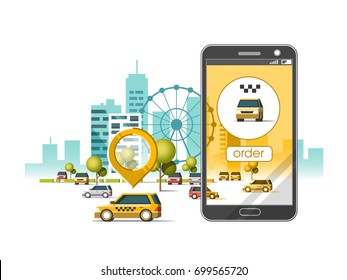 Taxi service mobile application. City skyscrapers building skyline with car on smart phone. Navigate application.