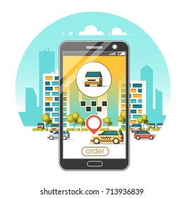 Taxi service mobile application. City skyscrapers building skyline with car on smart phone. Navigate application.