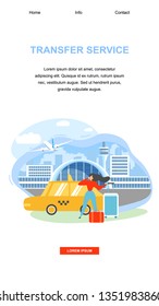 Taxi Service Mobile Application Flat Vector Vertical Web Banner or Landing Page Template. Traveling with Baggage Woman, Female Tourist Calling Taxi After Arriving to Airport Terminal Illustration
