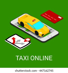 Taxi Service Mobile Application. Isometric Car on Smartphone. Vector illustration