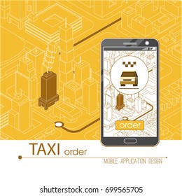 Taxi service mobile application. Isometric city and car on smart phone. Navigate application. Vector illustration.