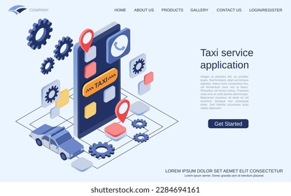 Taxi service mobile application modern 3d isometric vector concept illustration. Smartphone cartoon icon. Landing page design template