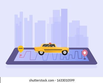 Taxi service mobile application vector illustration. Yellow taxi on city background and mobile phone with app. Banner of cab online order app.