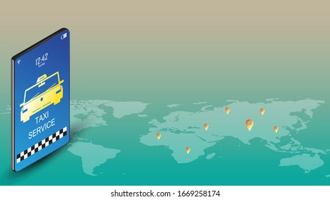 Taxi service mobile booking application. Smart phone with taxi on background