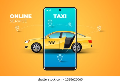Taxi service mobile display illustration yellow background