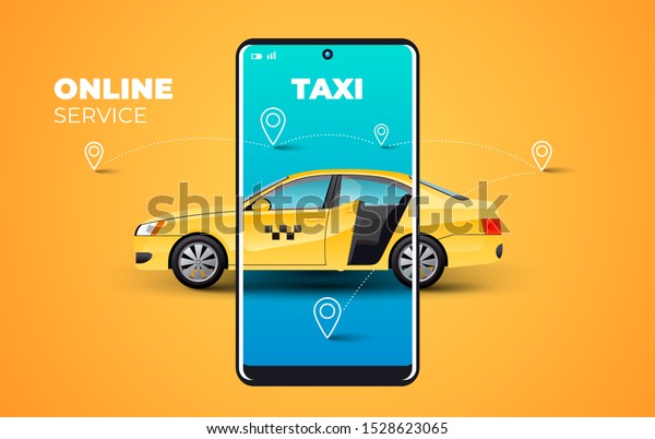Taxi service mobile display illustration\
yellow background