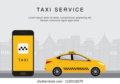 Taxi service. Mobile phone with taxi app and yellow taxi on city background. Flat vector illustration. Call a taxi