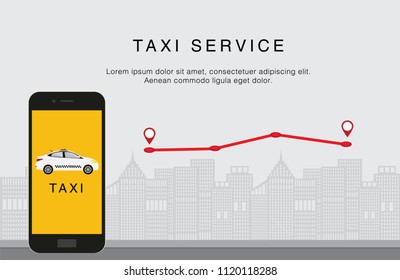 Taxi service. Mobile phone with taxi app on city background. Red map path with pin. Flat vector illustration. Call a taxi