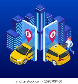 Taxi service. Mobile phone with taxi app on city background. Online mobile taxi order service app. Isometric taxi yellow cab and GPS route point pins on smartphone and touchscreen