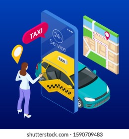 Taxi service. Mobile phone with taxi app on city background. Online mobile taxi order service app. Isometric taxi yellow cab and GPS route point pins on smartphone and touchscreen