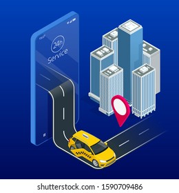 Taxi service. Mobile phone with taxi app on city background. Online mobile taxi order service app. Isometric taxi yellow cab and GPS route point pins on smartphone and touchscreen