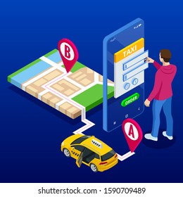 Taxi service. Mobile phone with taxi app on city background. Online mobile taxi order service app. Isometric taxi yellow cab and GPS route point pins on smartphone and touchscreen