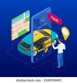 Taxi service. Mobile phone with taxi app on city background. Online mobile taxi order service app. Isometric taxi yellow cab and GPS route point pins on smartphone and touchscreen