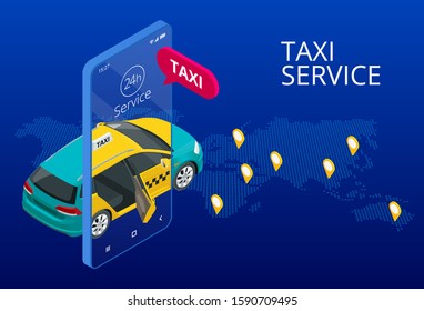 Taxi service. Mobile phone with taxi app on city background. Online mobile taxi order service app. Isometric taxi yellow cab and GPS route point pins on smartphone and touchscreen