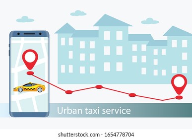 Taxi service. Mobile tracking system. Urban taxi service. Smartphone with taxi app on city background. Flat vector illustration. Call a taxi