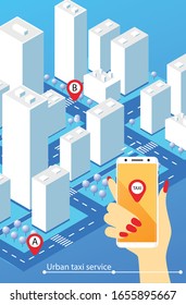 Taxi service. Mobile tracking system. Urban taxi service. Smartphone with taxi app on city background. Isometric vector illustration. Call a taxi