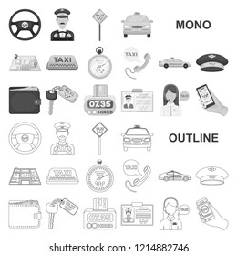 Taxi service monochrom icons in set collection for design. Taxi driver and transport vector symbol stock web illustration.