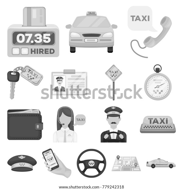 Taxi\
service monochrome icons in set collection for design. Taxi driver\
and transport vector symbol stock web\
illustration.