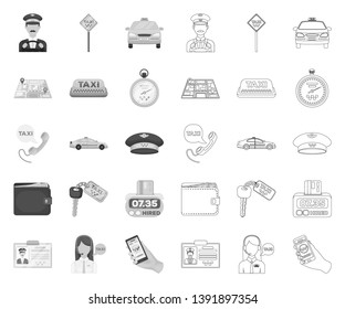 Taxi service mono,outline icons in set collection for design. Taxi driver and transport vector symbol stock web illustration.