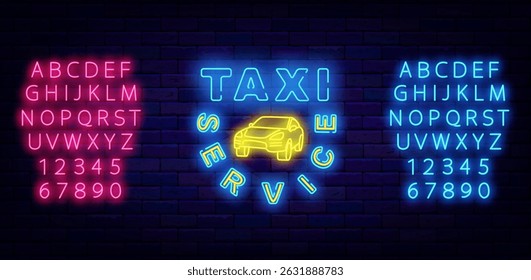 Taxi service neon emblem. Public auto transportation. Shiny blue and pink alphabet. Vector stock illustration