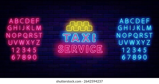 Taxi service neon label. Car delivery. Passenger transportation. Shiny blue and pink alphabet. Vector stock illustration