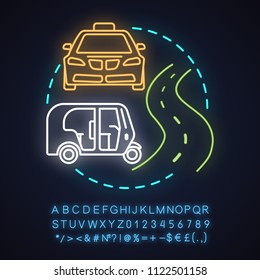 Taxi service neon light concept icon. City transport idea. Car and auto rickshaw. Glowing sign with alphabet, numbers and symbols. Vector isolated illustration