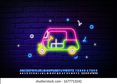 Taxi service neon light concept icon. City transport idea. Car and auto rickshaw. Glowing sign with alphabet, numbers and symbols. Vector isolated illustration